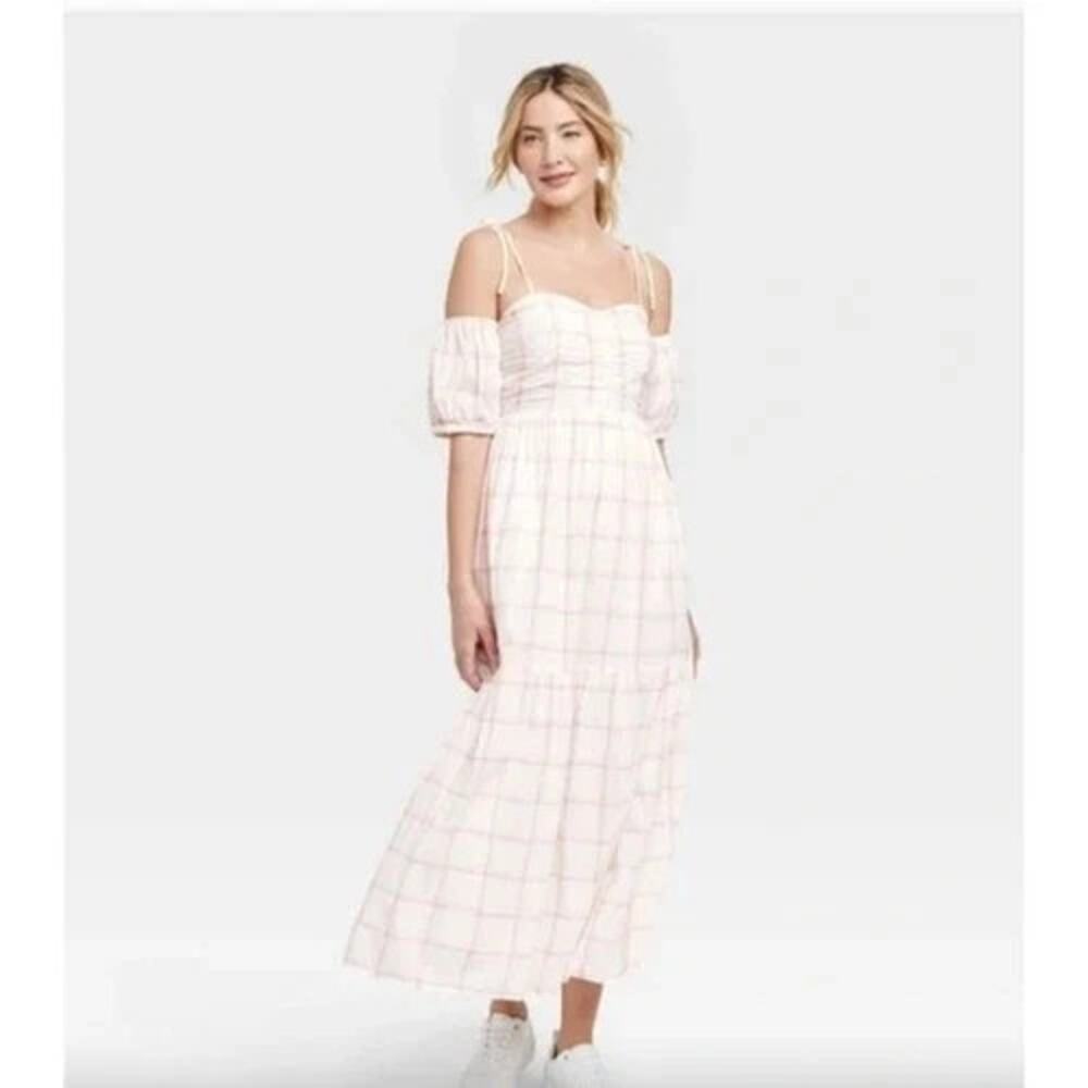 Universal Thread Women's Pink White Plaid Off Shoulder Puff Sleeve Maxi Dress L